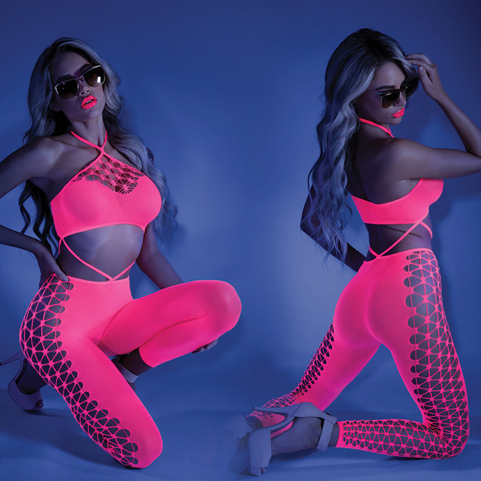 Fantasy Lingerie Glow Own The Night Bodystocking-Neon Pink O/S FLGL2109-58-5