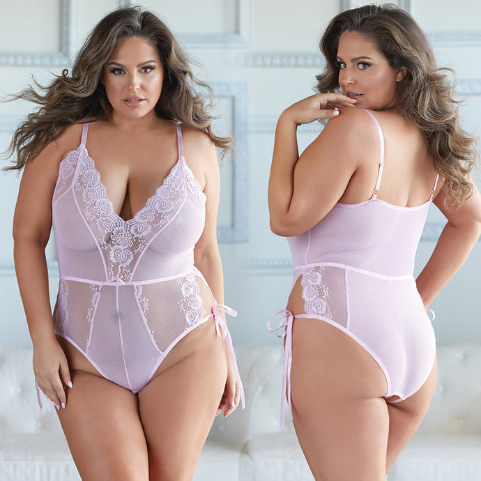 Allure Lace and Mesh Tie Up Romper-Pin... 10-4022-PINK-1X2X