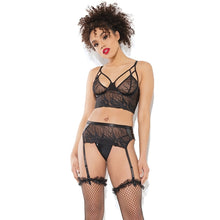 Load image into Gallery viewer, Coquette Longline Bra Garter Belt &amp; G-String Set-Black X-Large-Hanging