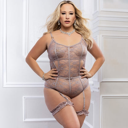 G World 2pc Slip in Sheer Teddy With Snap Crotch-Grey QUEEN