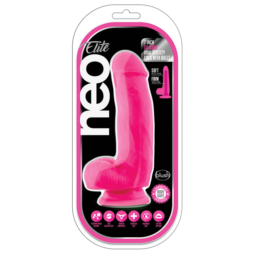 Neo Elite Silicone Dual Density Cock with Balls-Neon Pink 7