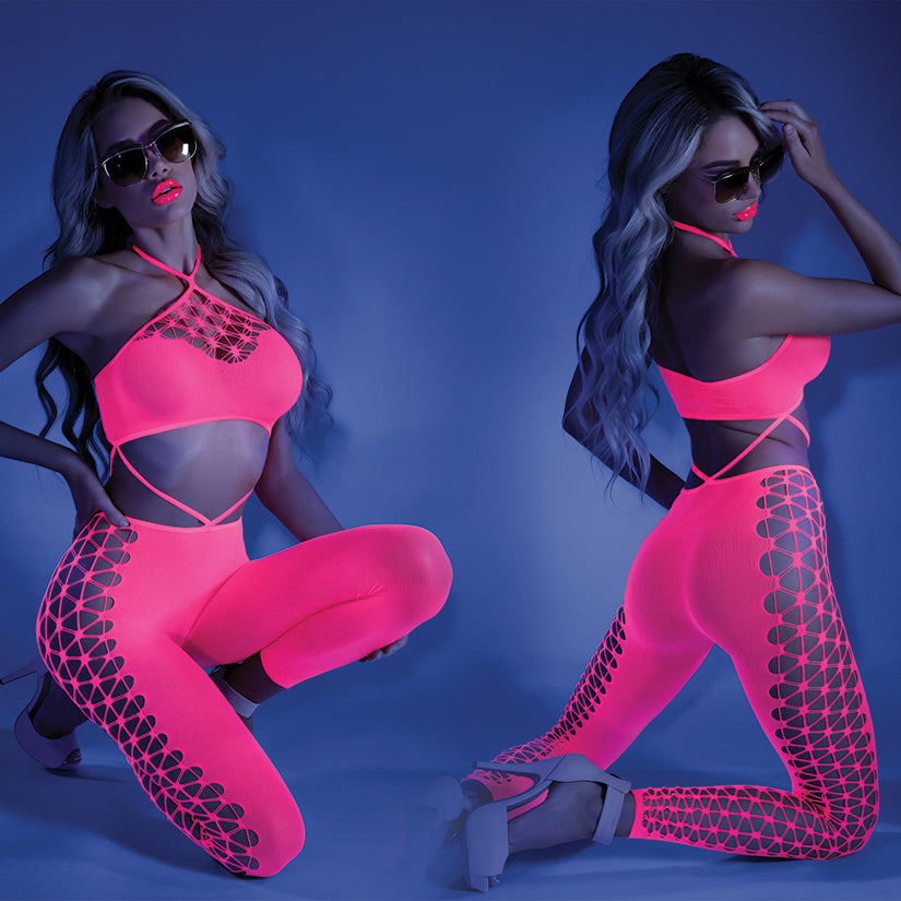 Fantasy Lingerie Glow Own The Night Bodystocking-Neon Pink O/S FLGL2109-58-5