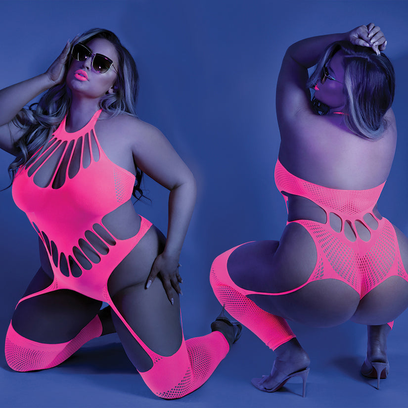 Fantasy Lingerie Glow No Promises Teddy Bodystocking -Neon Pink Queen FLGL2111-58-15