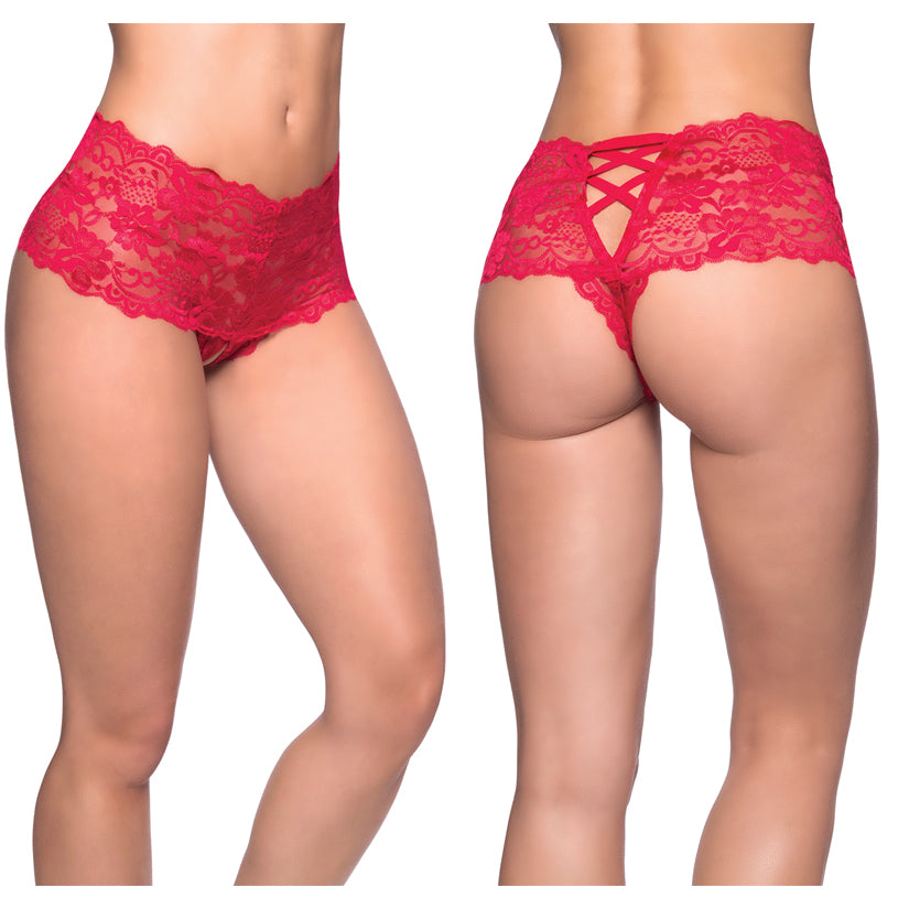 Goodnight Kiss Lace Crotchless Boyshort-Red S/M